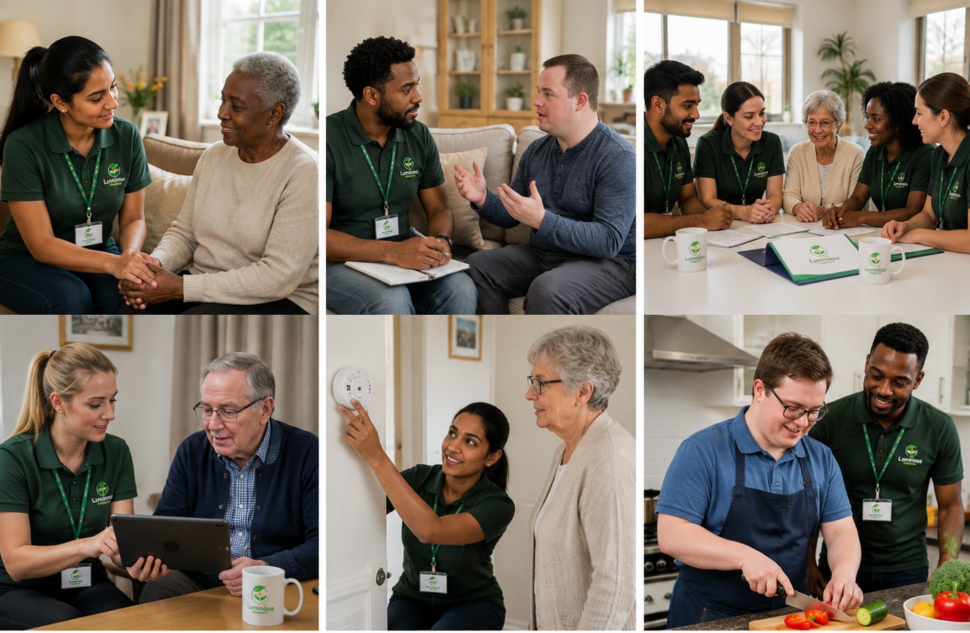 A collage of Luminous Support moments: a home visit, a support worker taking notes, a team meeting, using a tablet together, a home safety check and cooking together